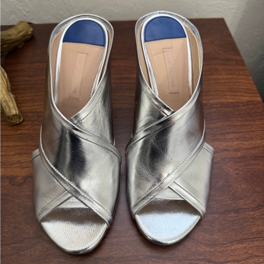 Stuart Weir man Sam Silver block Heels with X-Pattern Design